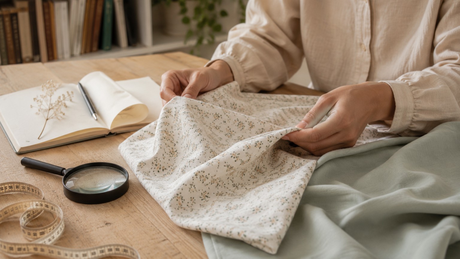 Pessoa observando tricoline lisa e estampada com lupa, caderno e fita métrica