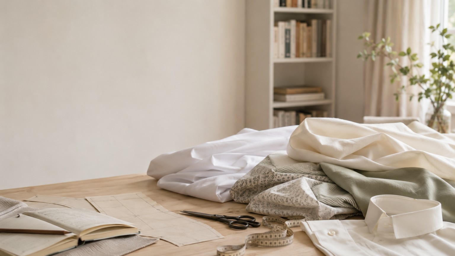 Mesa de estudo com popelines claras, camisa, molde, tesoura e fita métrica
