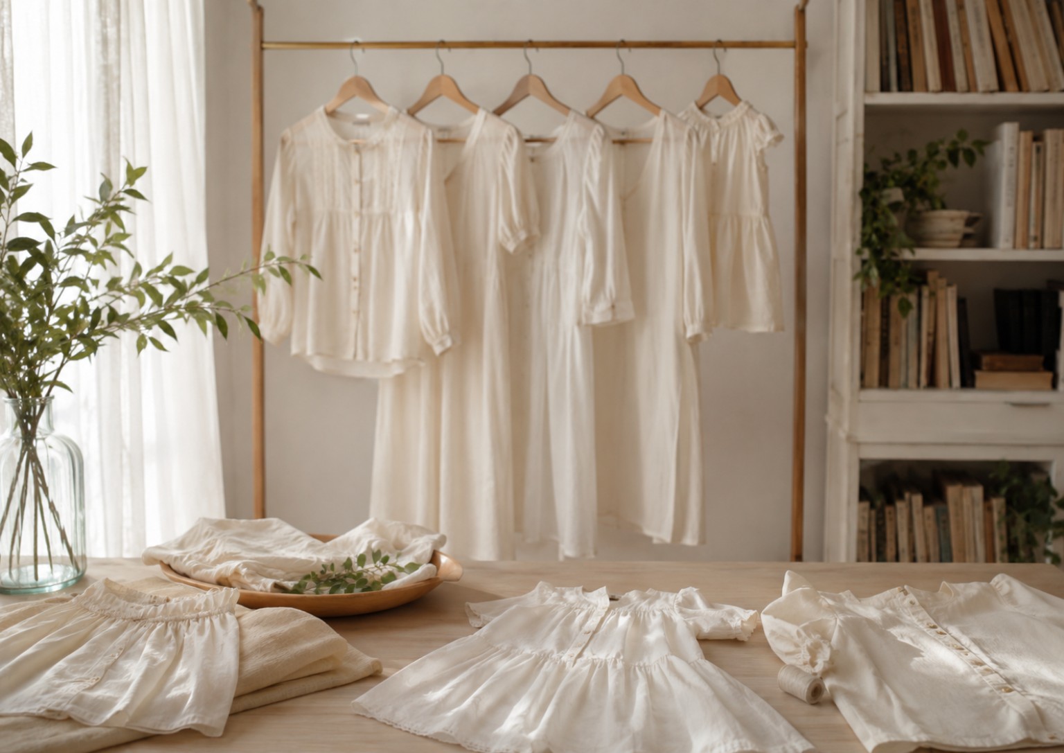 Blusas, vestidos e roupas infantis claras confeccionadas em cambraia