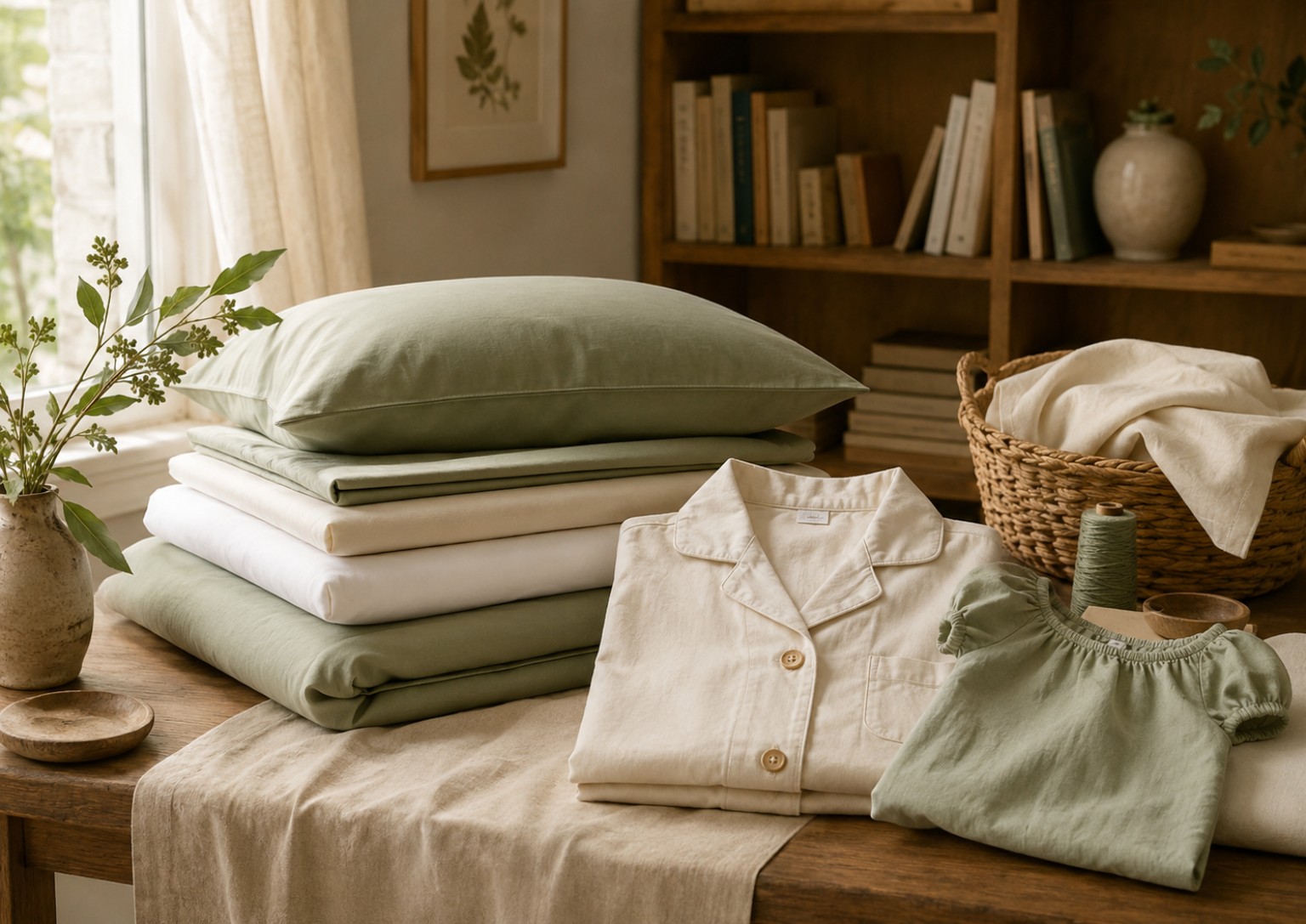 Percais claros e verdes organizados com roupas de cama