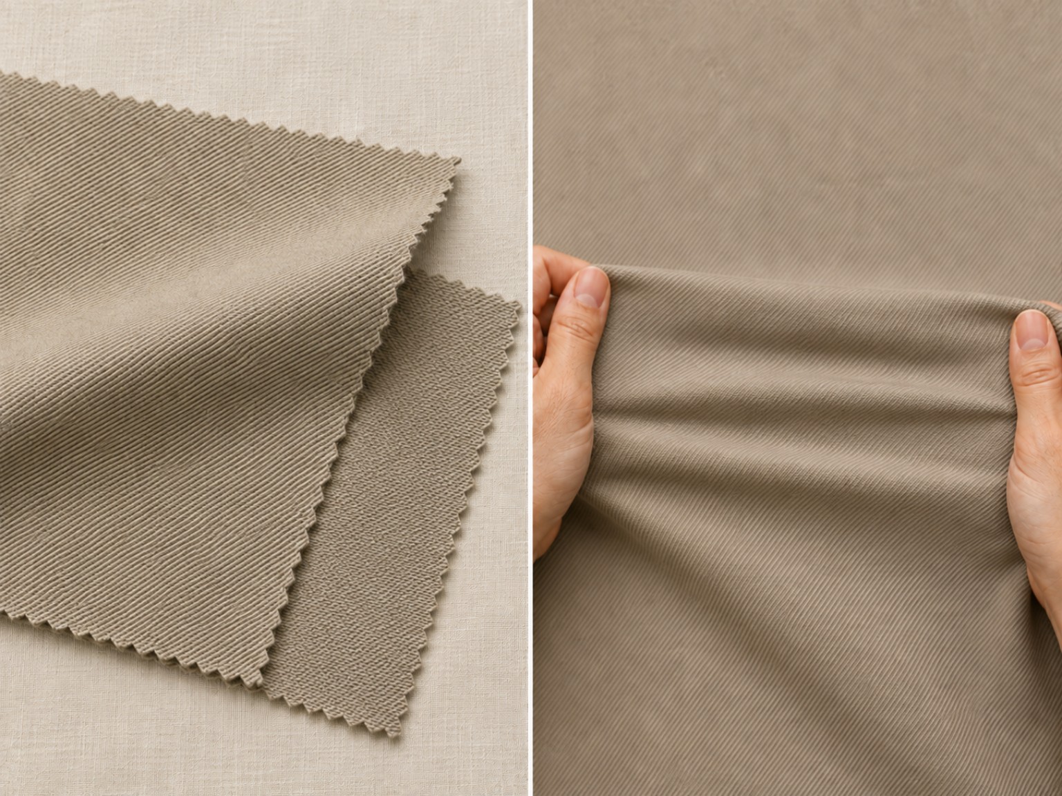 Comparação do direito e avesso de uma sarja e teste de elasticidade de tecido com elastano