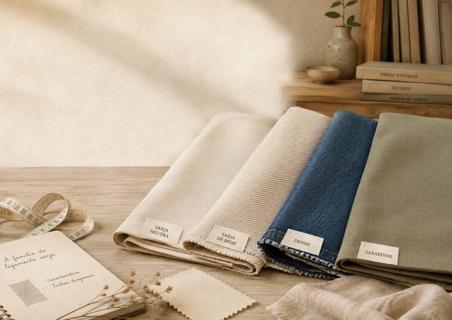 Sarja, brim, denim e gabardine organizados em um ateliê de costura