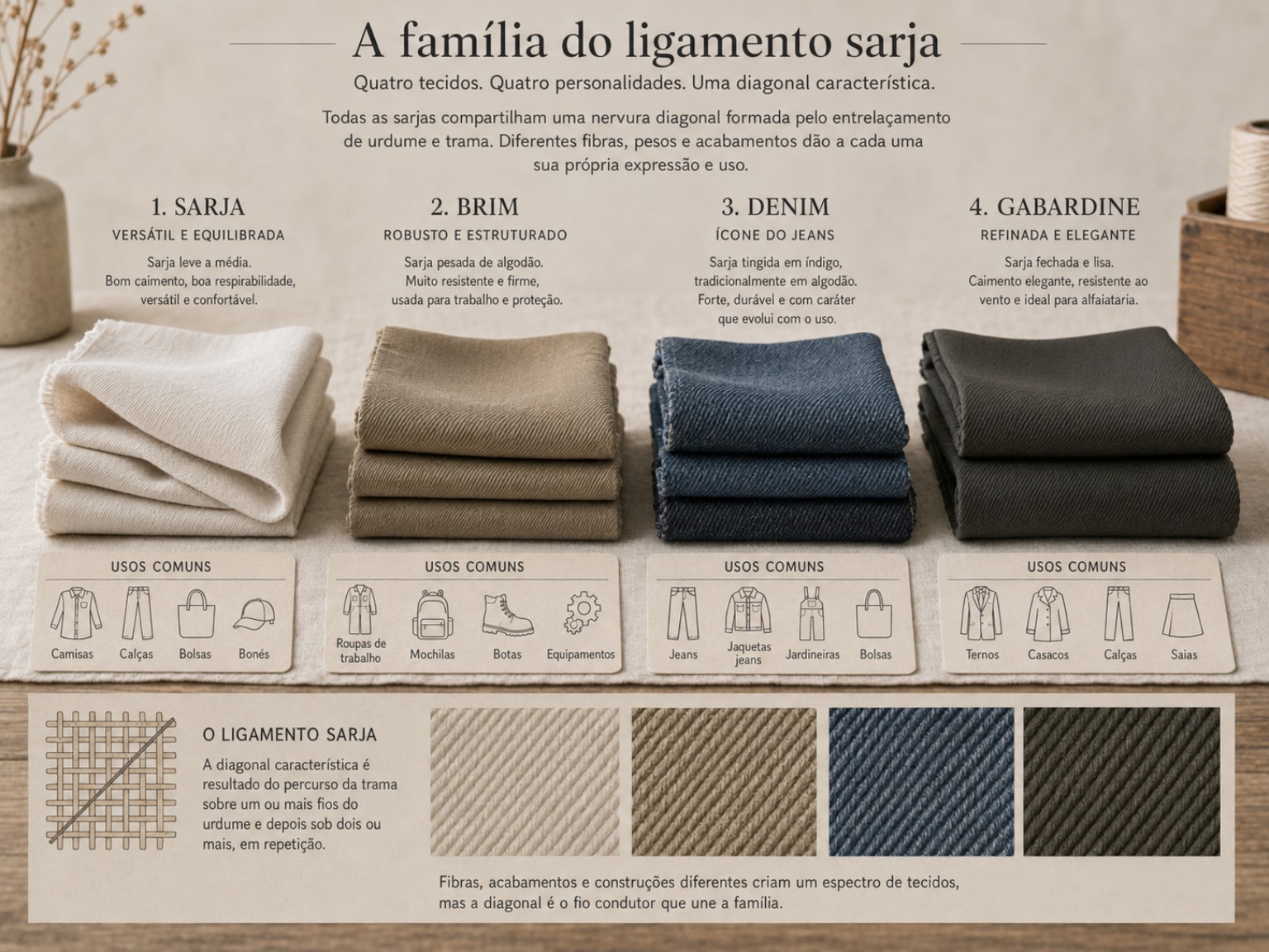 Mapa visual com sarja, brim, denim e gabardine