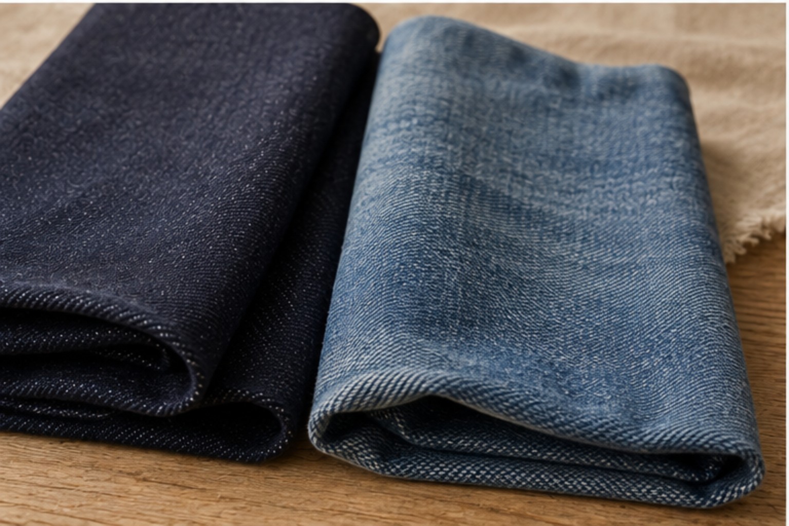 Comparação entre denim cru escuro e denim lavado mais claro