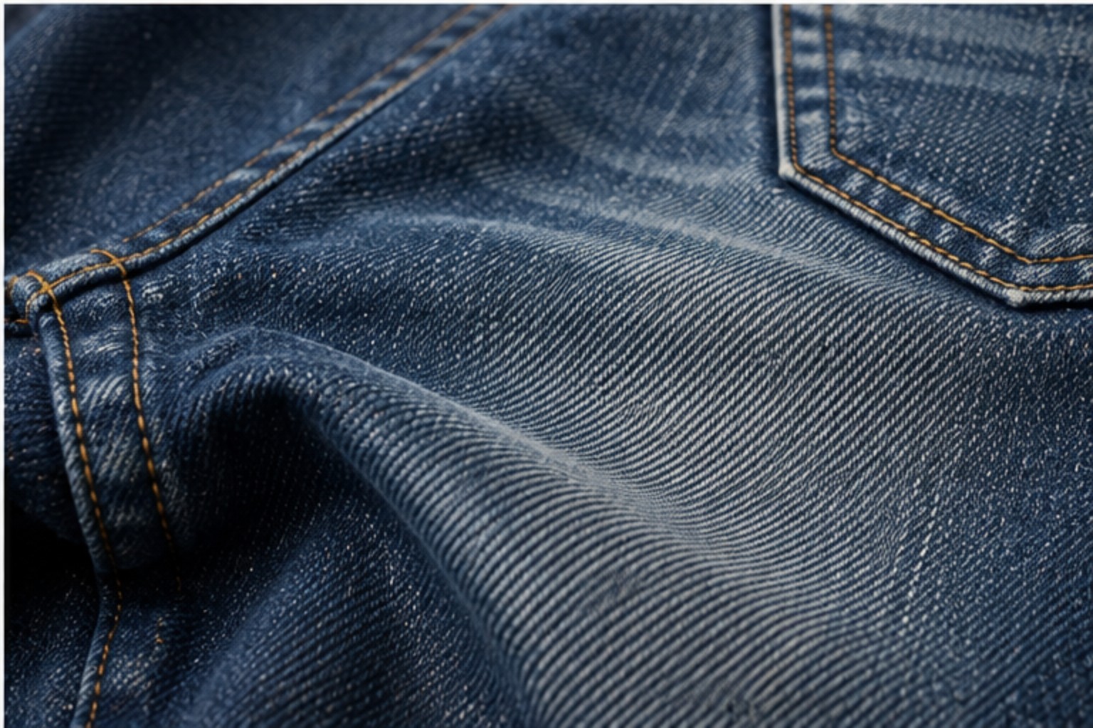 Close de uma peça de denim com pespontos e clareamento natural em áreas de atrito