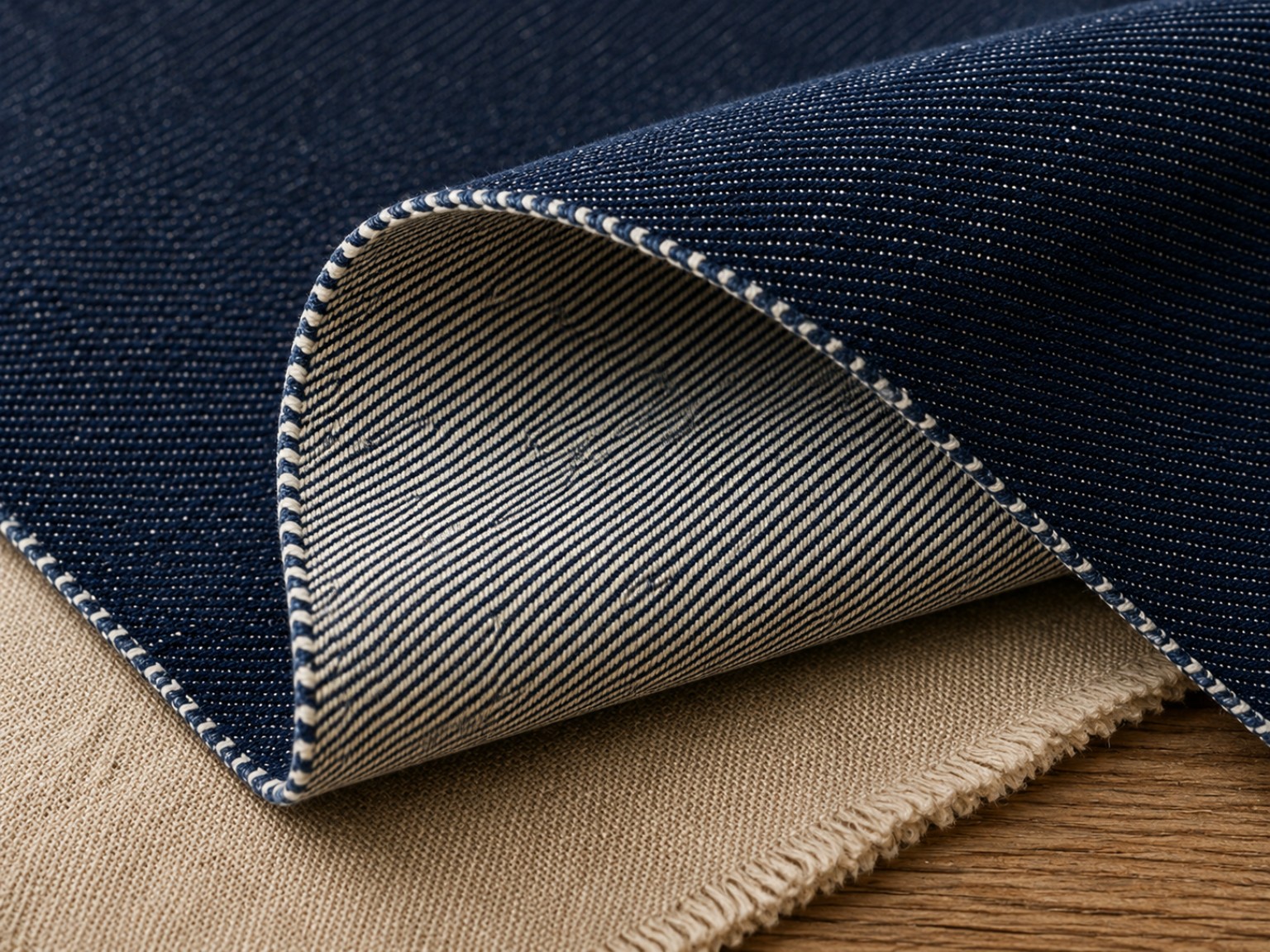 Uma única peça de denim dobrada mostrando o direito azul índigo e o avesso mais claro