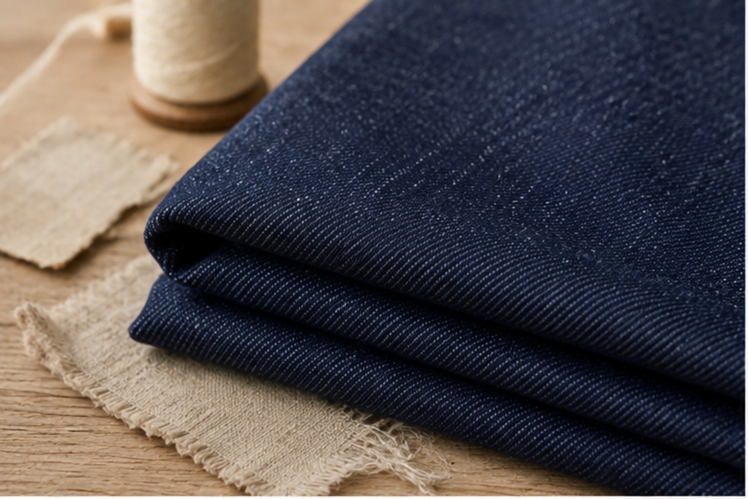 Denim azul índigo dobrado sobre madeira e linho em um ateliê