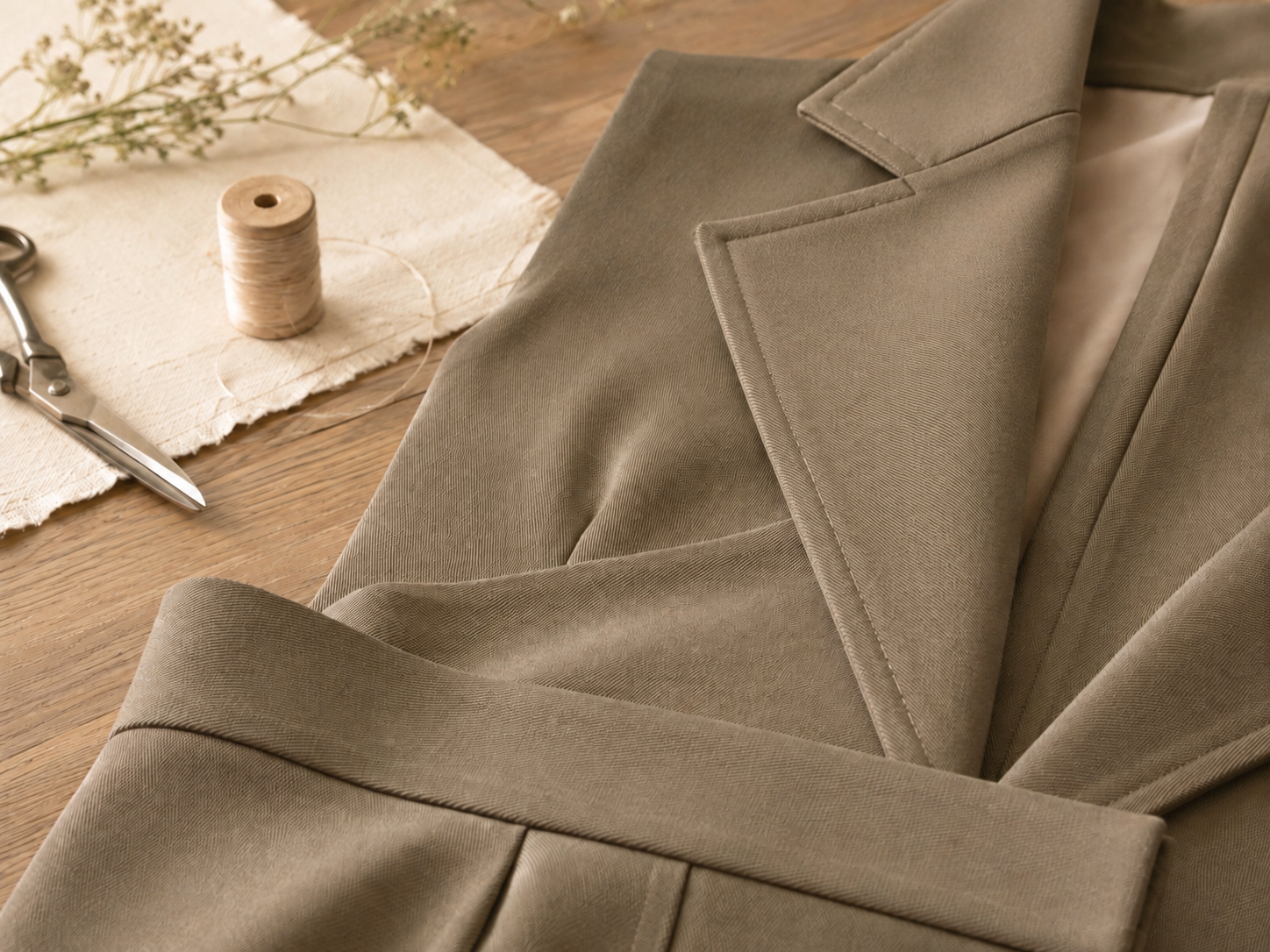 Detalhe de peça de alfaiataria em gabardine com lapela e linhas limpas