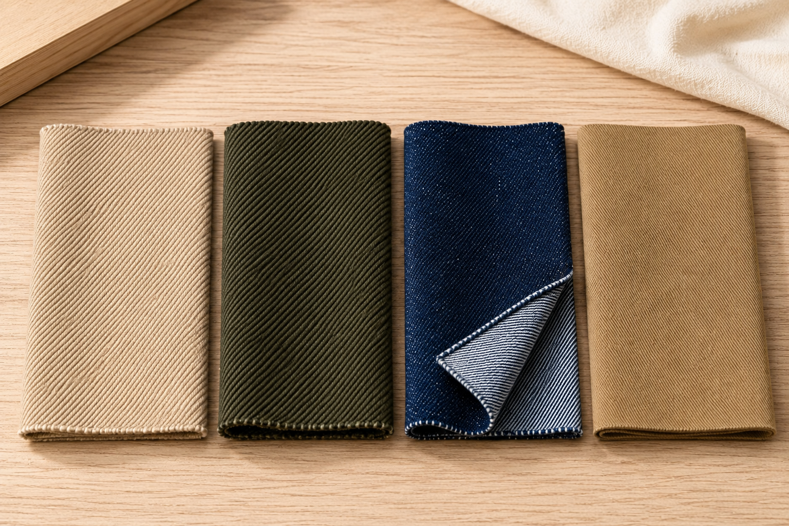 Sarja, brim, denim e gabardine lado a lado, evidenciando diferenças de superfície e construção