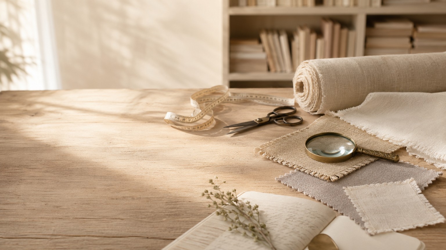 Mesa de madeira com amostras de tecido, lupa, fita métrica, tesoura e caderno em uma biblioteca-ateliê iluminada por luz natural
