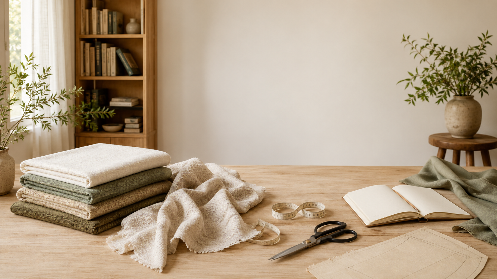 Mesa de madeira com tecidos planos, molde de papel, tesoura, fita métrica e caderno em uma biblioteca-ateliê