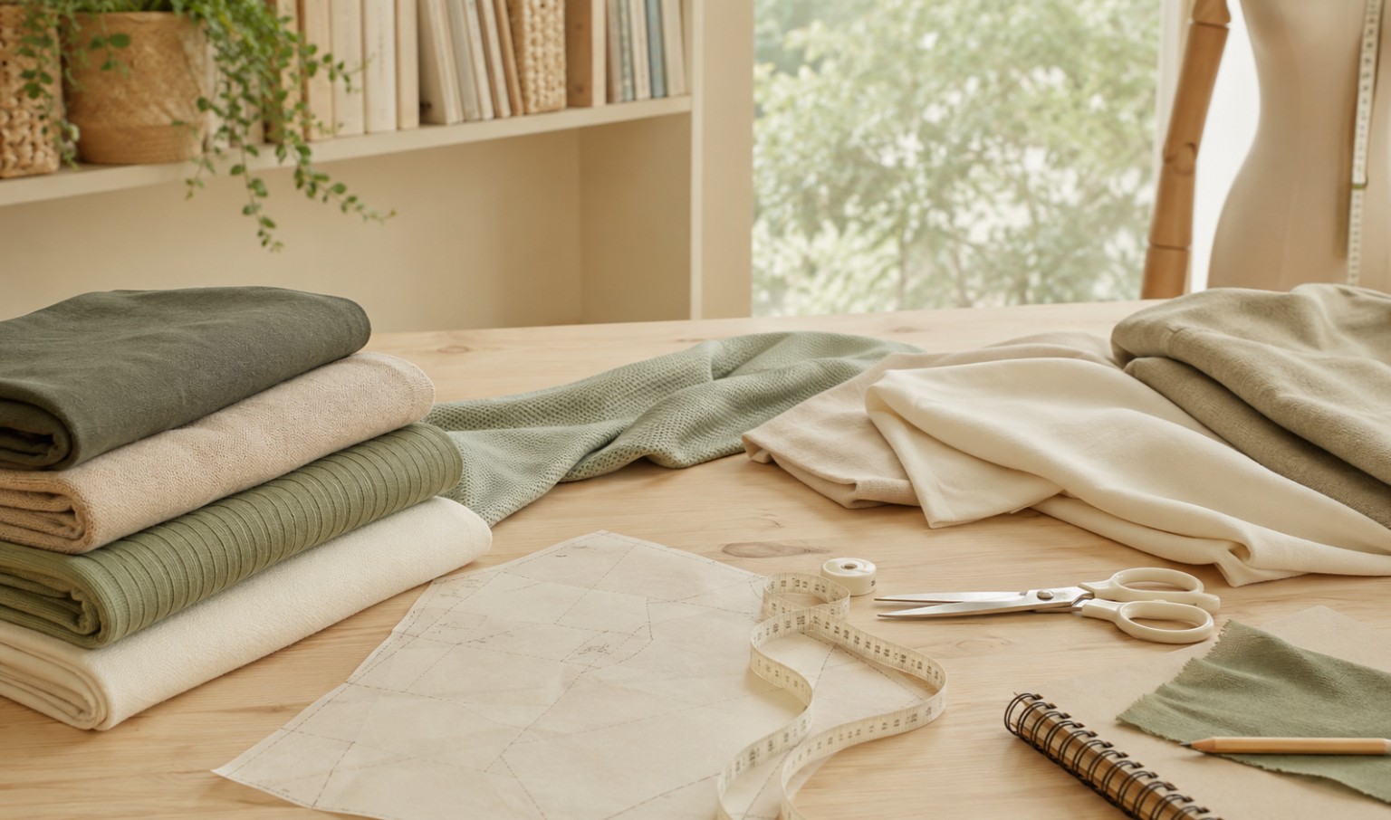 Mesa de ateliê com diferentes malhas, molde, fita métrica, tesoura e caderno