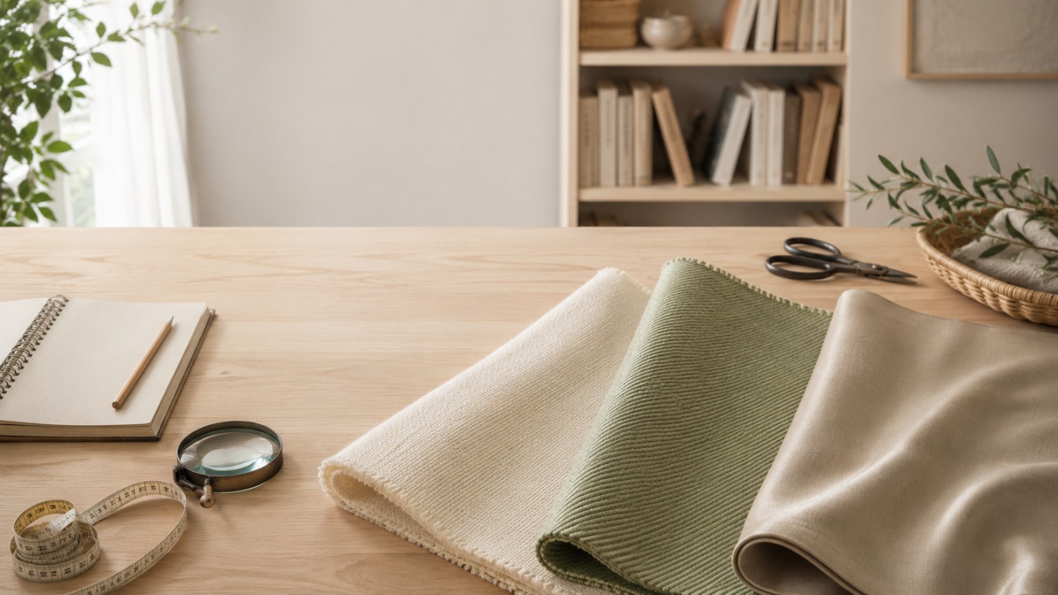 Três tecidos planos de superfícies diferentes sobre mesa de estudo com lupa e caderno