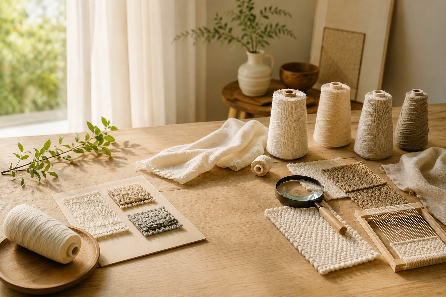 Mesa de madeira com cones de fios, amostras têxteis, lupa e pequenos instrumentos de observação em luz natural.